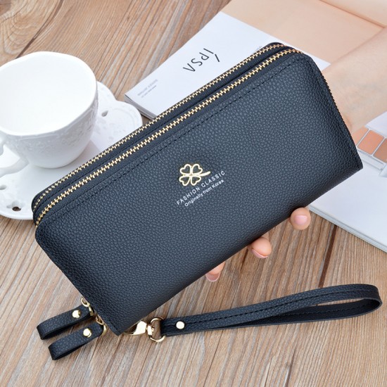 New women's wallet - long style Korean-style student fashion money clip with double zipper, multi-card slot, soft leather case, large capacity, litchi-patterned money clip.